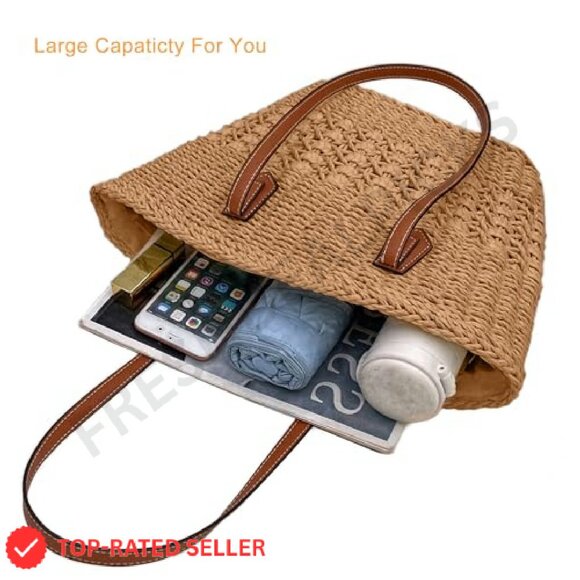 Straw Woven Tote Handbag Summer Vacation Travel Boho Chic Shoulder Bag - Picture 6 of 8